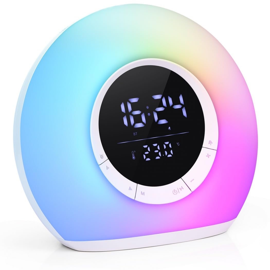 Reloj despertador para niños, con luces RGB, brillo ajustable, altavoz, pantalla LED