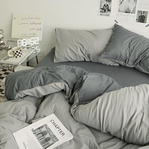 UCHUANG Duvet Cover Set King Size 4 Pcs Include 1 Quilt Cover 220 x 240cm & 2 Pillow Cases 48 x 74cm & 1 Bedsheet 245 x 265cm Soft Washed Cotton Bedding Set NO Comforter - Haze Gray