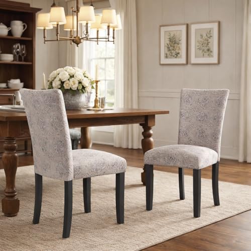 Image of HomePop Classic Parsons Dining Chair -Gray Linen Artistic Floral Print (Set of 2)