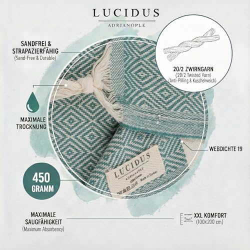 LUCIDUS XXL Hamamtuch 100x200cm - Premium Strandtuch 100% Türkische Baumwolle - Schnelltrocknend & Sandfrei - Extra Großes Saunatuch & Picknickdecke - Leicht für Reise & Yoga (Kiefergrün Diamant)