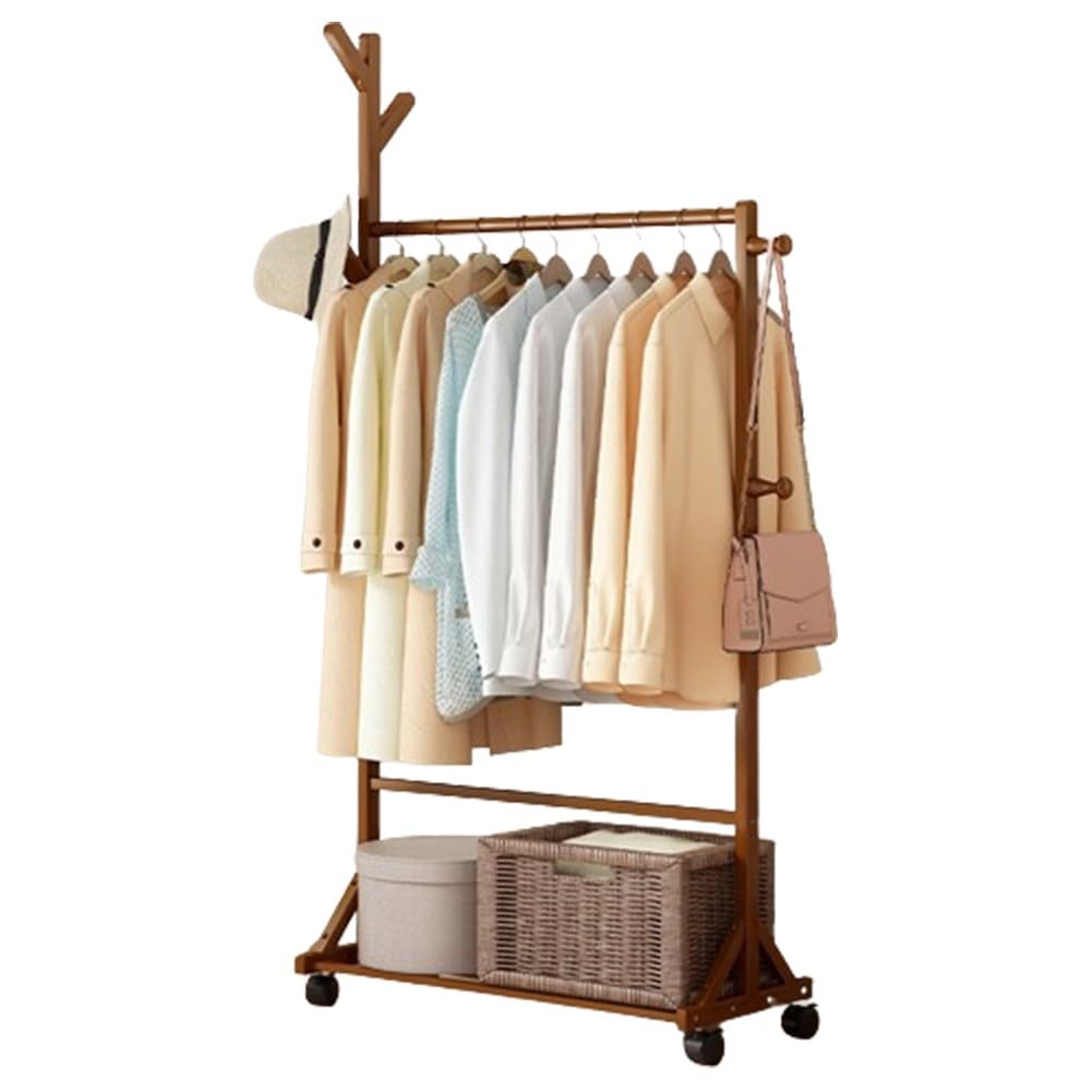 Dodobd Walnut Clothes Rack For Bedroom,Coat Rack With Wheels,Free Standing Garment Hanging Rails,3 In 1 Wooden Coat Stand,Bamboo Clothes Rails For Bedroom,Garment Rack For Entryway,Bedroom