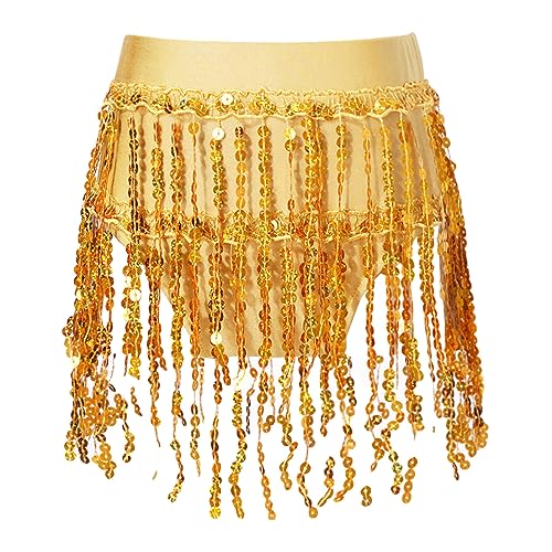 JanJean Belly Dance Skirt for Girls Cheer Leader Sequin Tassel Scarf Wrap Skirts Festival Party Performance Costume Yellow 12 Years