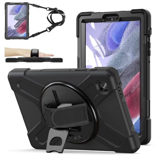 ZenRich Carrying Case for Samsung Galaxy Tab A7 Lite 2021 8.7'' SM-T220/T225/T227, Heavy Duty Rugged Full-Body Protective Case with [360 Rotating Stand] [Hand Strap][Shoulder Belt], Black