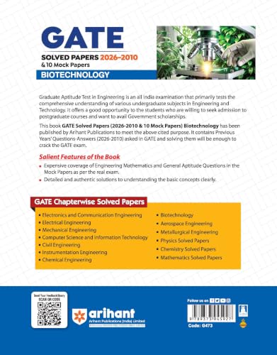 Image of Arihant GATE Biotechnology Chapterwise Solved Papers 2026-2000 with 10 Mock Papers |Chapterwise & Yearwise Detailed Explanations as per GATE Pattern