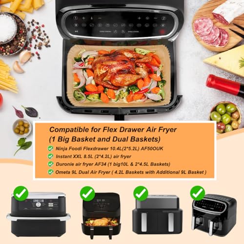 Image of BYKITCHEN Airfryer Baking Paper for Ninja Foodi Flex Drawer Dual Zone 10.4 L Hot Air Fryer, 100 Pieces Accessories for Ninja AF500EU, Air Fryer Accessories for Cecotec Dual 9000 9L (Pack of 100)