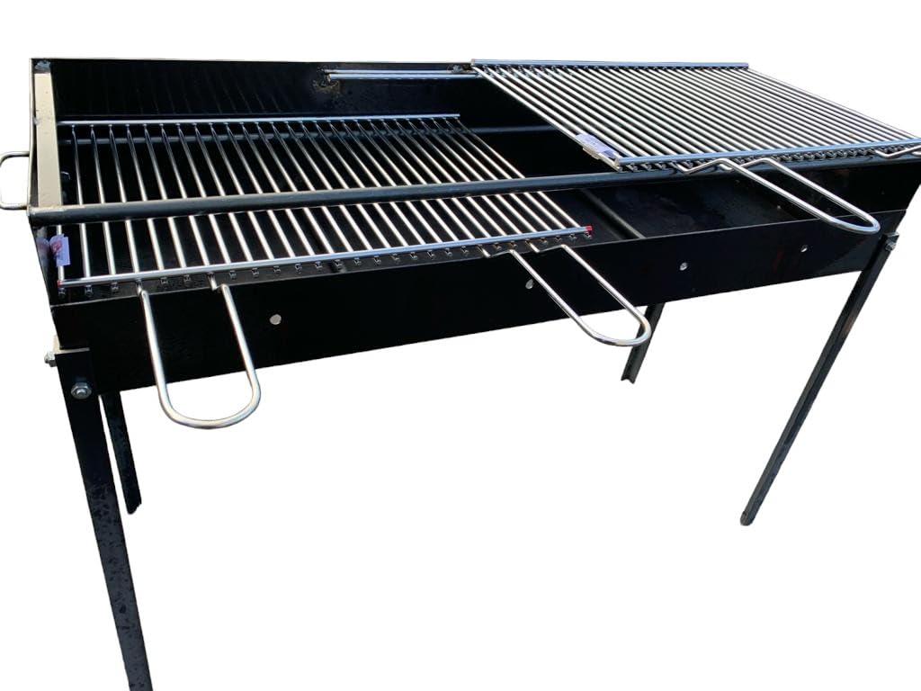 Barbecue in Ferro con 2 Griglie in Acciaio,Artigianale, Regolabile in 2 Altezze 100x38 cm, Piedi Estraibili, Portatile per Esterni