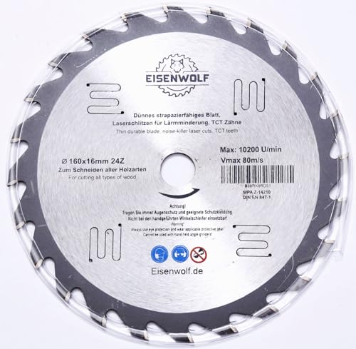 Eisenwolf 160x16 mm hoja de sierra circular fina, duradera y resistente para madera con 24 dientes TCT inclinados y cortes láser para reducir el ruido