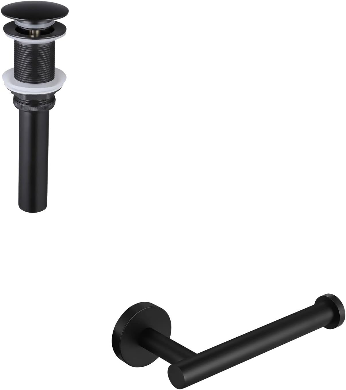 KES Bathroom Sink Drain Without Overflow & Toilet Paper Holder, Matte Black, Stainless Steel, S2008D-BK+A2175S12-BK