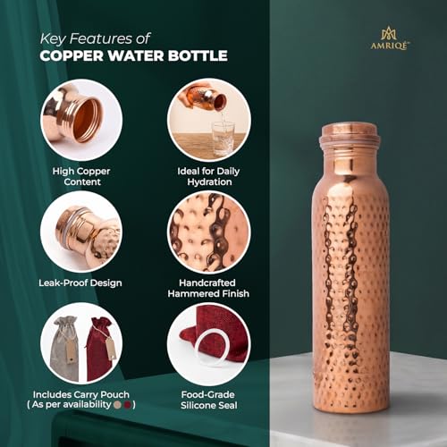 Image of AMRIQE Lab Tested Pure Copper Water Bottle 32 Oz Large Glossy Hand-Hammered