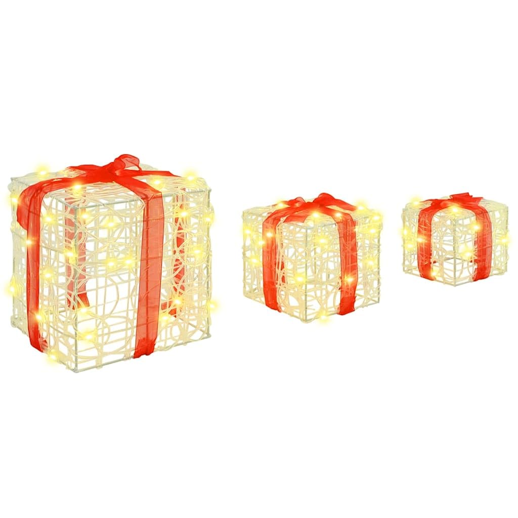Pudełko na prezent z akrylu z 60 diodami LED, ciepła biel, 20 x 20 x 20 cm, zestaw 3 sztuk LED dekoracja bożonarodzeniowa na choinkę, choinkę, ozdoby choinkowe i świąteczne ozdoby