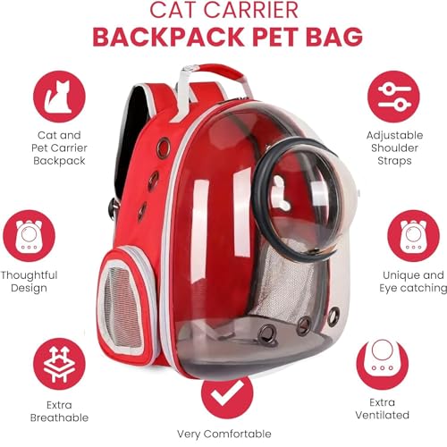 Image of VAYINATO Astronaut Transparent Space Bubble Portable Pet Backpack Travel Carrier, Convenient Travel for Small Dog and Cat | Waterproof, Comfortable and Breathable (Red) By Petzlifeworld