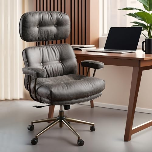 Image of ovios Ergonomic Office Chair, High Back Faux Leather Executive Chairs with Thick Cushion, Comfy Mid-Century Modern Swivel Rolling Computer Armchair (Dark Grey, Suede Leather)