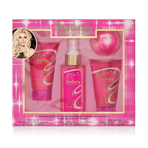 Britney Spears Fantasy Bath Set Hair Mist 100ml Body Lotion Tube 50ml Body Wash Tube 50ml Bath Fizz with shrink wrap design 75g