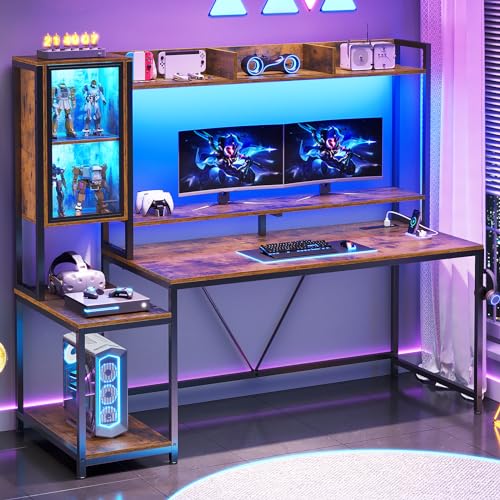 SEDETA Gaming Desk, 60'' Gaming Desk with Hutch and LED Lights, Computer Desk with Storage Shelves, Large PC Gamer Desk with Display Cabinet, Monitor