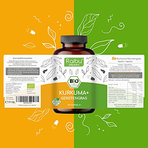 Raibu® Kurkuma Gerstengras Kapseln Bio (270 Kapseln x 700 mg) Vegan - Curcuma und Gerstengras Mix im Verhältnis 2:1… - Image 7