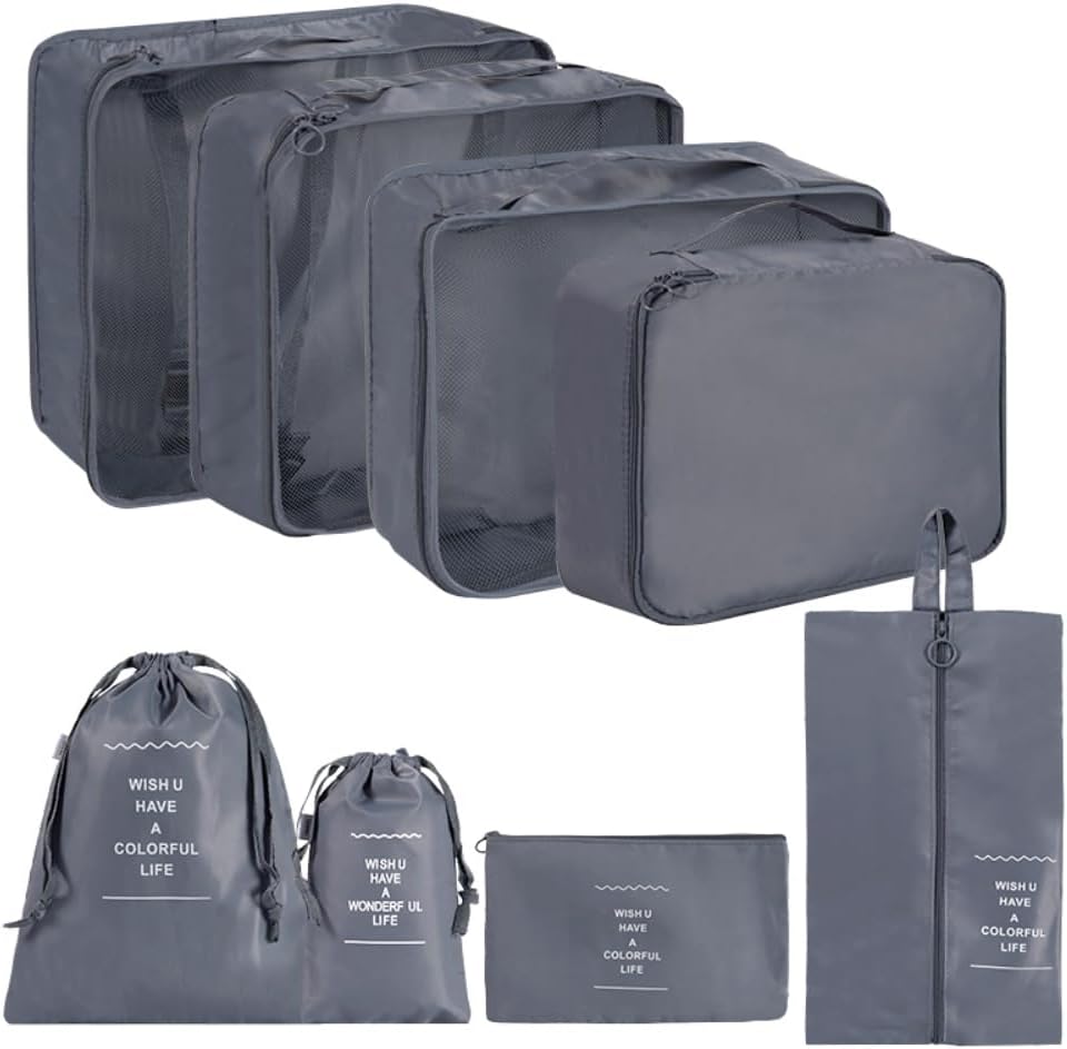 8 Set Packing Cube for Suitcase, Lightweight Luggage Storage Bags Travel Cubes Set Foldable Suitcase Organizer Including Laundry Bag & Shoes Bag (Grey Style1)