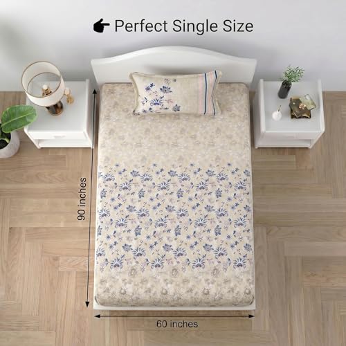 Image of Mafatlal 186 TC Spring Glory Graceful Pure Cotton Single Flatsheet (60 x 90 Inch) | Breathable Summer Comfort | Wrinkle-Free Floral Bedsheet with 1 Pillow Cover, Modern Blue