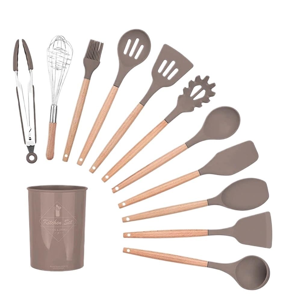 Juego de utensilios de cocina de silicona, antiadherentes, mango de madera, espátula, cuchara de sopa, caqui (K011-1)