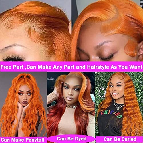 Image of 13X4 Orange Ginger Lace Front Wigs Human Hair Pre Plucked Body Wave Brazilian Colored Human Hair Wigs for Black Women Invisible HD Lace Frontal Wigs Human Hair 180% Density (32 Inch)