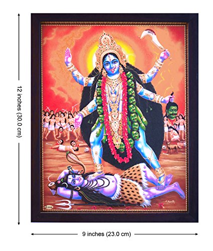 Handicraft Store Hindu Goddess Maa Kali Putting her Leg on Lord Shiva and Shiva Smiling, A Rare Hindu Religious Poster Painting with Worship
