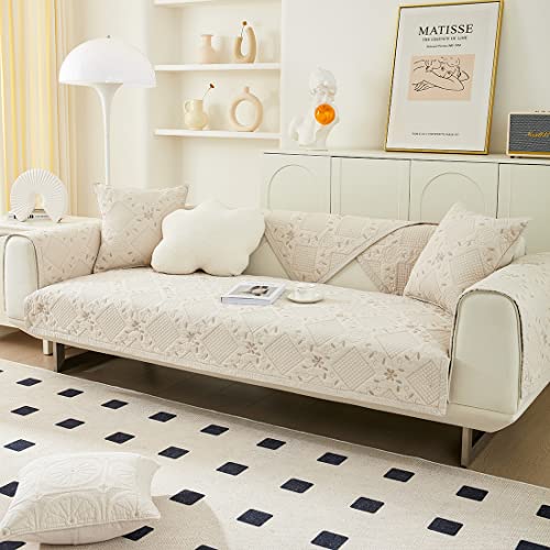 Vctops Bohemian Cotton Embroidered Couch Sofa Cover Neutral Solid Color Quilted Sectional Couch Covers Non-Slip Sofa Slipcover For Dogs, Children, Pets Furniture Protector (Cream B,36"X82") #TOP4