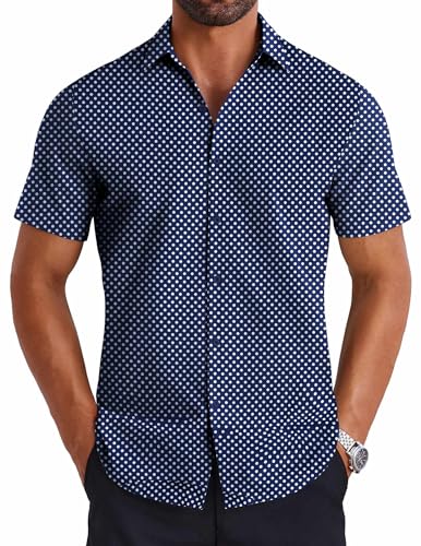 COOFANDY Chemise d'été décontractée à manches courtes pour homme, Blanc à pois - Bleu marine, Taille S
