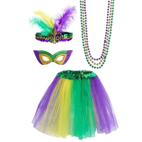 Losuya Mardi Gras Costume Set - Tutu Skirt, Faux Feather Headband, Mask and Beads for Women and Girls Party Decorations