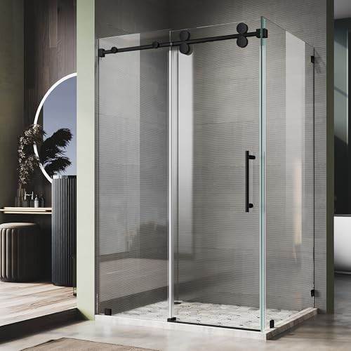 56\" to 60\" W x 76\" H Frameless Sliding Glass Shower Door in Matte Black with Enduro Shield 3/8\"(10mm) Clear Glass + 32\" Return Panel Corner Shower UKS04RP-60X32X76-MBL