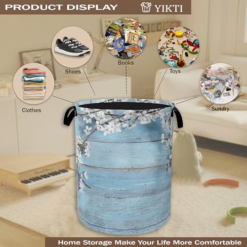 Image of Spring Flowers Laundry Hamper,Rustic Blue Woodboard Clothes Hamper for Laundry,Waterproof Oxford Toy Storage Collapsible Hampers for Bedroom, Dorm Room,Bathroom,16x20 Inch