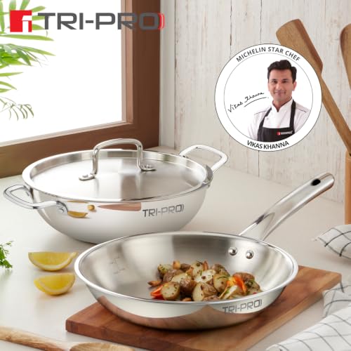 Image of TriPro TriPly Stainless Steel 3 Pcs Cookware Set - Kadai 22cm (2.3L) and Frypan 22cm (1L) with a Common Stainless Steel Lid, Consumes Less Oil, Healthy Cooking - Induction and Gas Stove Ready