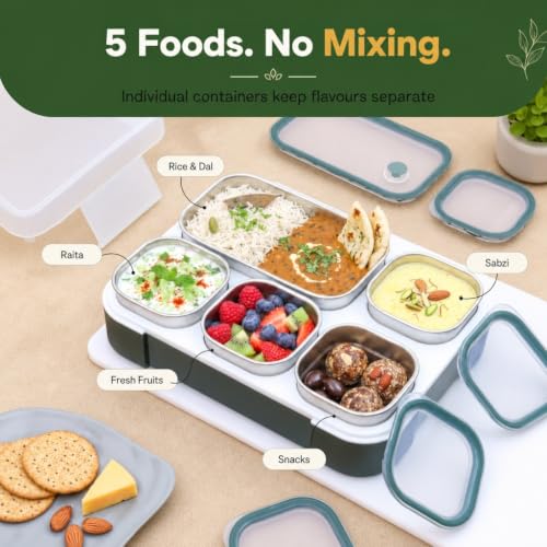 Image of ZenBox Stainless Steel Bento Lunch Box, Leak-Resistant Tiffin Box, BPA-Free Food Container for Office, School and Everyday Use (Green, 5 Compartment)