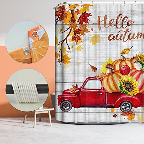 Beifivcl Fall Shower Curtain For Bathroom, Decorative Truck Farmhouse Autumn Shower Curtain Fabric Sunflower Pumpkin Yellow Rustic Wooden Thanksgiving Holiday Fall Bathroom Decor With Hooks,72X72 Inch #TOP2