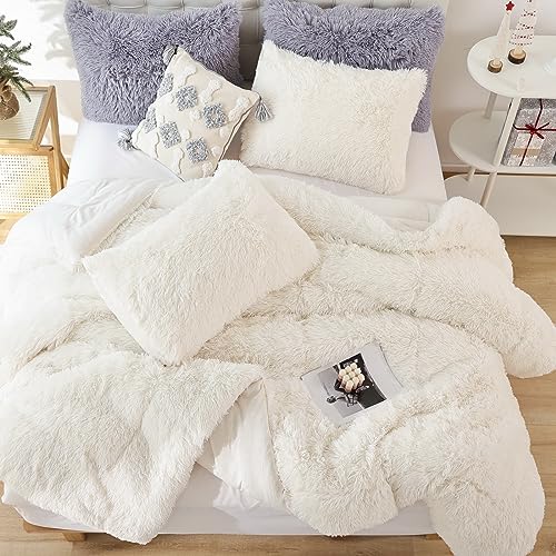Smoofy Fluffy Full Size Comforter Set, Faux Fur Comforter Set, Luxury Fuzzy Bedding Set, Soft Shaggy Full Bed Set for All Season, 3 Pieces - 1 Comforter & 2 Pillowcases, Beige