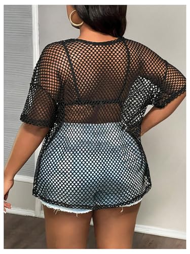 GORGLITTER Women's Plus Size Fishnet Shirt Tops Crochet See Through Short Sleeve Crew Neck Loose Y2K Fish Net Tees Top2