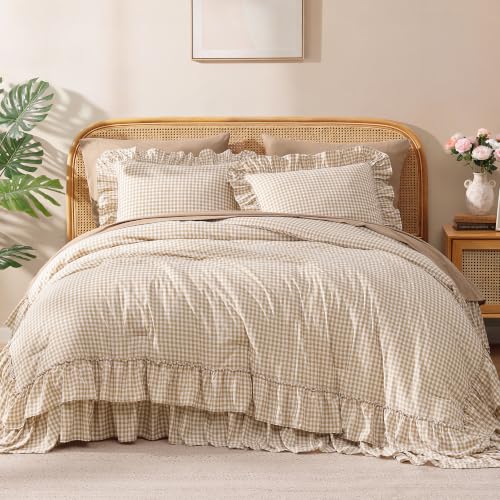 Image of AMBERSPACE Queen Comforter Set Gingham Ruffle Tan 7 Pieces Bed in a Bag