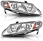 AUTOSAVER88 Headlight Assembly Compatible with 2006-2011 Civic Sedan 4-Door Headlight Assembly Headlamp Replacement with Chrome Housing and Amber Reflector