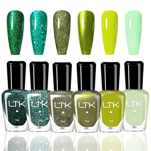 6PCS Grün Nagellack Set - Schonend und langanhaltend Nail polish auf Wasserbasis - Kein UV-Nagellack für DIY Nagelkunst Maniküre zu Hause, Vegan und tierversuchsfrei, Regular Farblack (GREEN)