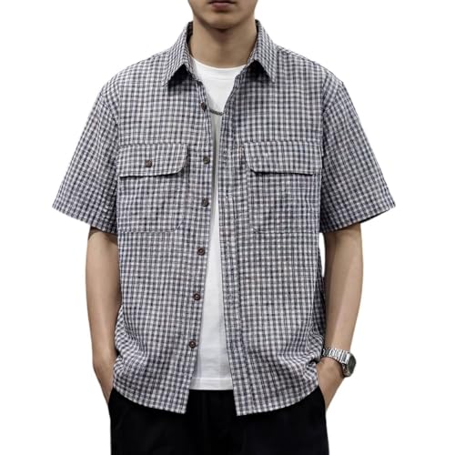 Camisa de trabajo vintage holgada con botones manga corta para hombre actual