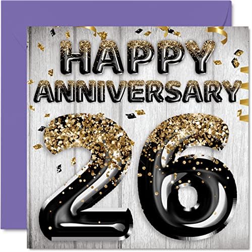 Awesome 26th Anniversary Card for Husband Boyfriend Wife Girlfriend – Black Gold Glitter Balloons – Happy 26 Anniversary Cards from Family, 5.7 x 5.7 Inch Greeting Cards for Twenty-Sixth Anniversaries
