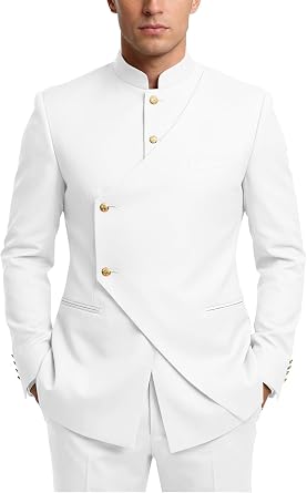 2 Piece Men Chinese Tunic Suits Slim Fit Safari Suits for Men Mandarin Collar Suit Blazer Pants Set