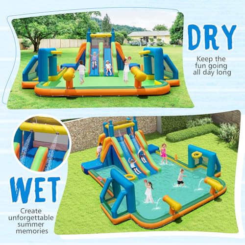 GYMAX Inflatable Water Castle, Kids Bounce House with Slides, Giant Soccer Zone, Climbing Wall, Water Cannons & Ring-toss Game, Indoor Outdoor Children Bouncy Castle for Garden - Image 9