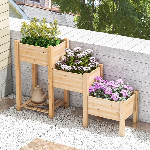 CHEFJOY 3-Tier Raised Garden Bed with Legs, Fir Wood Garden Bed with Drainage Holes, Indoor & Outdoor Elevated Standing Bed w/Open Storage Shelf, Vegetable Flower Herb Raised Planter Boxes