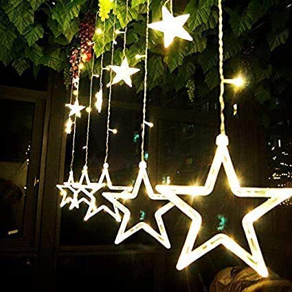Image of X14 Store 10 Stars 138 LED Curtain String Lights, Window Lights with 8 Flashing Modes Decor for Christmas, Wedding, Party, Home, Patio Lawn, Warm White (138 - Star) (WR-15)