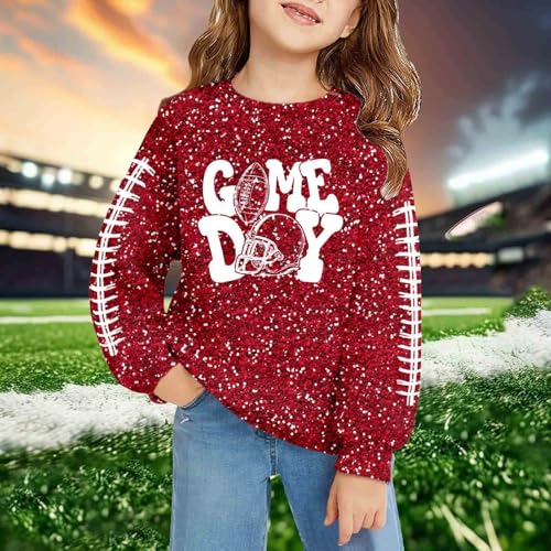 Girl's Football Sweatshirts Sparkly Sequin Print Game Day Outfits Long Sleeve Football Graphic Pullover Tops Sportswear 2-14Y3