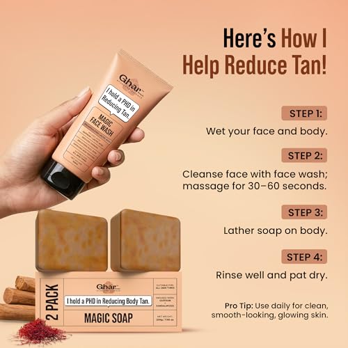Image of Ghar Soaps Magic De-Tan Face Wash & Sandalwood Saffron Magic Bar Combo Pack of 2 | With Sandalwood, Saffron & Glutathione | Tan Removal, Skin Brightening & Glowing Skin | Handmade & Paraben-Free