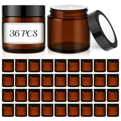 4 oz Small Glass Jars with Lids Bumobum 36 Pack Amber Glass Lotion Jars with Inner Liners 120ml Round Refillable Empty Containers with Blank Labels for Cream Body Scrub Cosmetic