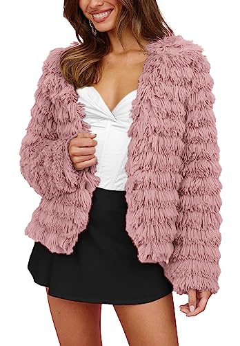 PRETTYGARDEN Womens Winter Coats Fashion Faux Fur Long Sleeve Fleece Shaggy Lightweight Fall Cropped Jacket Outerwear (Pink,Medium)
