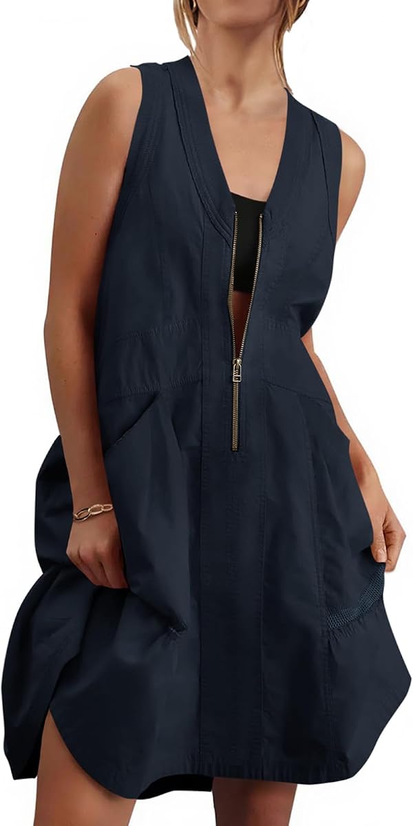 Fisoew Mini vestidos sin mangas con media cremallera y cuello en V con espalda de malla para mujer | Casual, holgado, utilitario, verano, con bolsillos