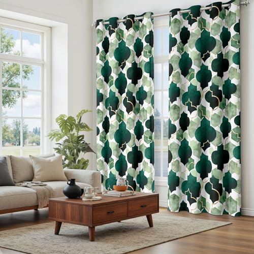 Tyrot Green Moroccan 100% Blackout Curtains for Bedroom Abstract Geometric Black Out Curtains 96 inch Long 2 Panels Set Window Drapes Thermal Room Darkening Curtains for Living Room, 52Wx96L