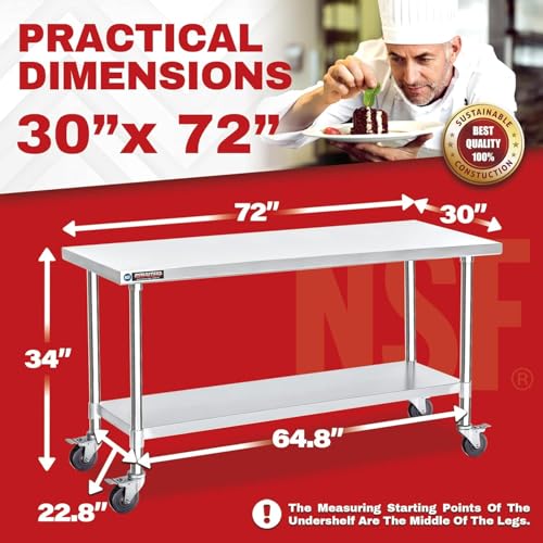 Image of DuraSteel 30x72 NSF Stainless Steel Cart Work Table - Heavy Duty Rolling Food Prep Table Countertop Island - Metal Utility Cart on Wheels Caster, Grill Stand Storage Outdoor Kitchen Tables Bar Top